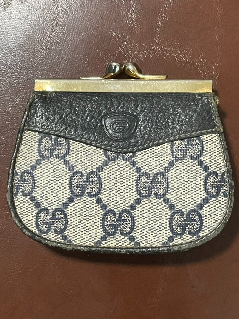 Vintage Gucci Logo Kisslock Leather Coin Purse Navy Blue